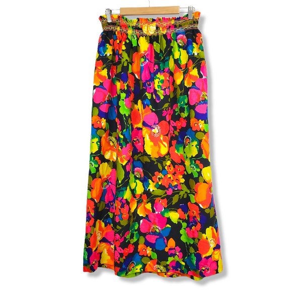 Vintage Dresses & Skirts - Vintage 60's/70's Vibrant Multicolored Floral Print A-line Maxi Skirt Large